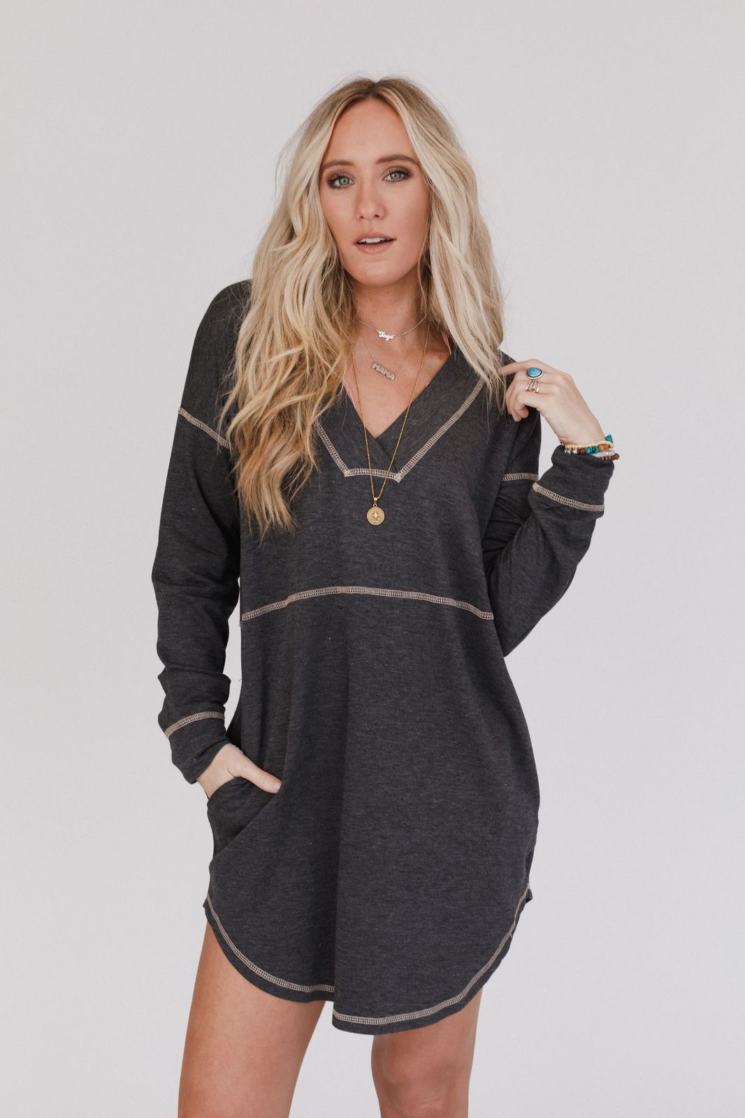 The Nest Meadow Long Sleeve Tunic Dress - Charcoal