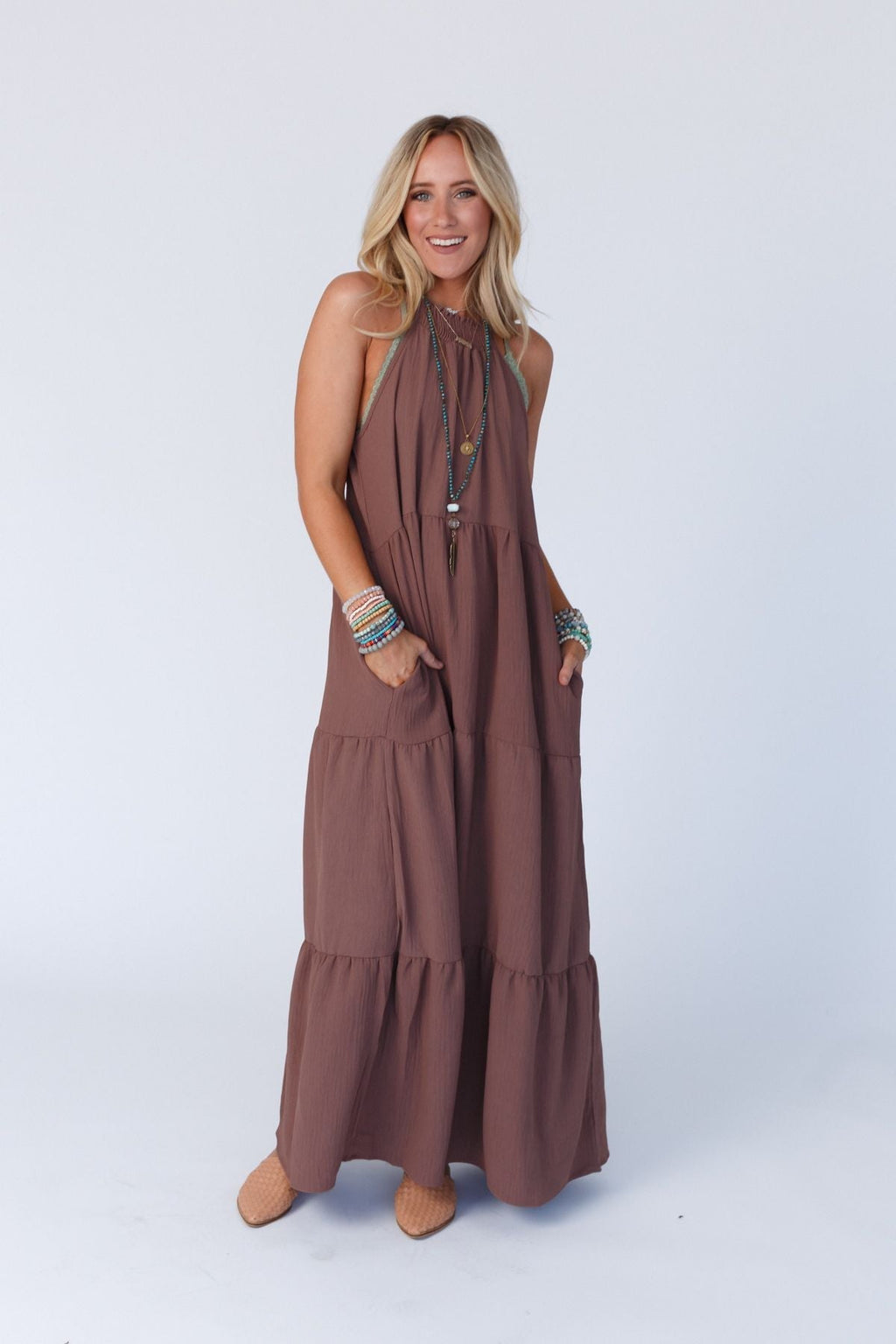 The Nest Scarlett Baby Waffle Tiered Maxi Dress - Mocha