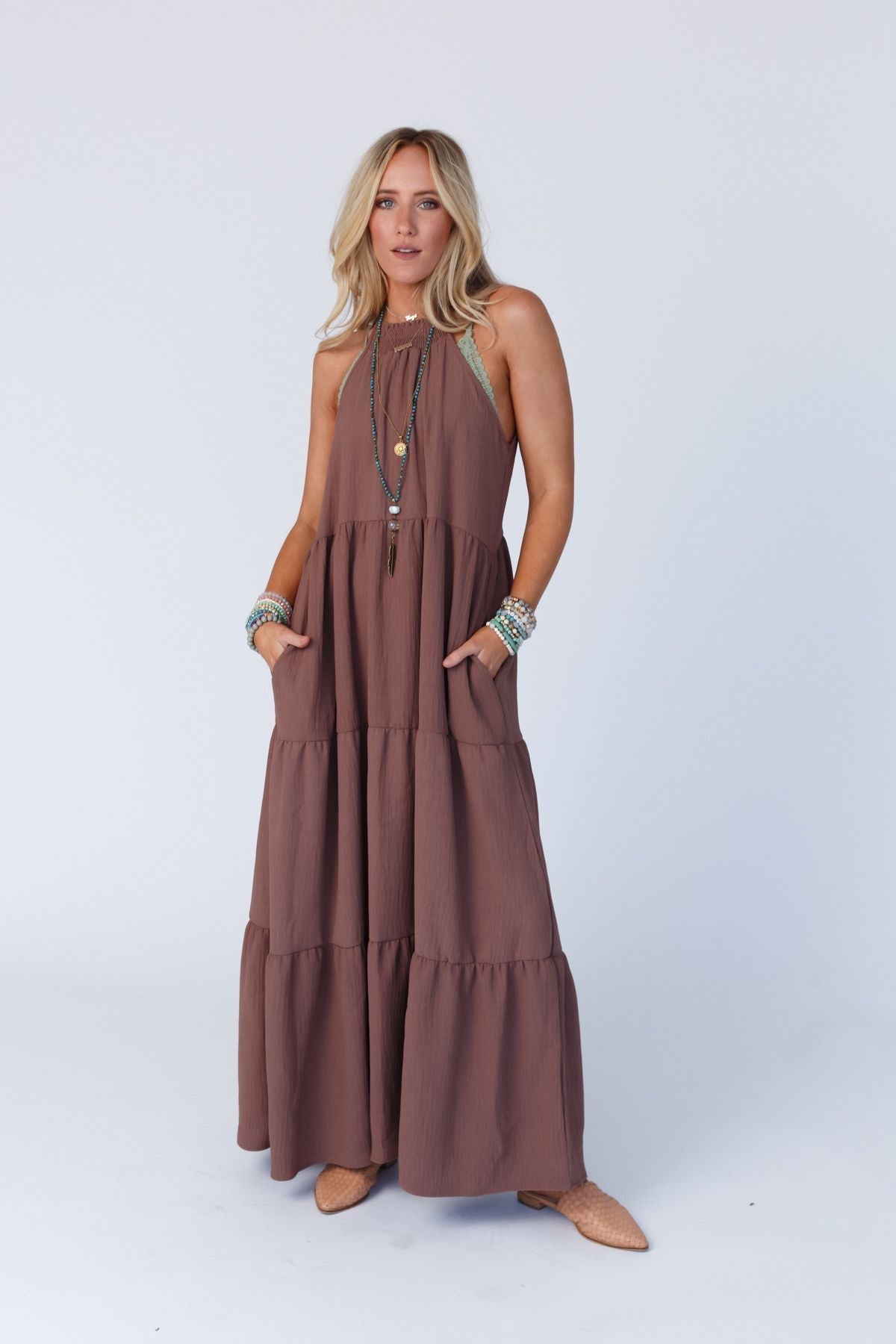 The Nest Scarlett Baby Waffle Tiered Maxi Dress - Mocha