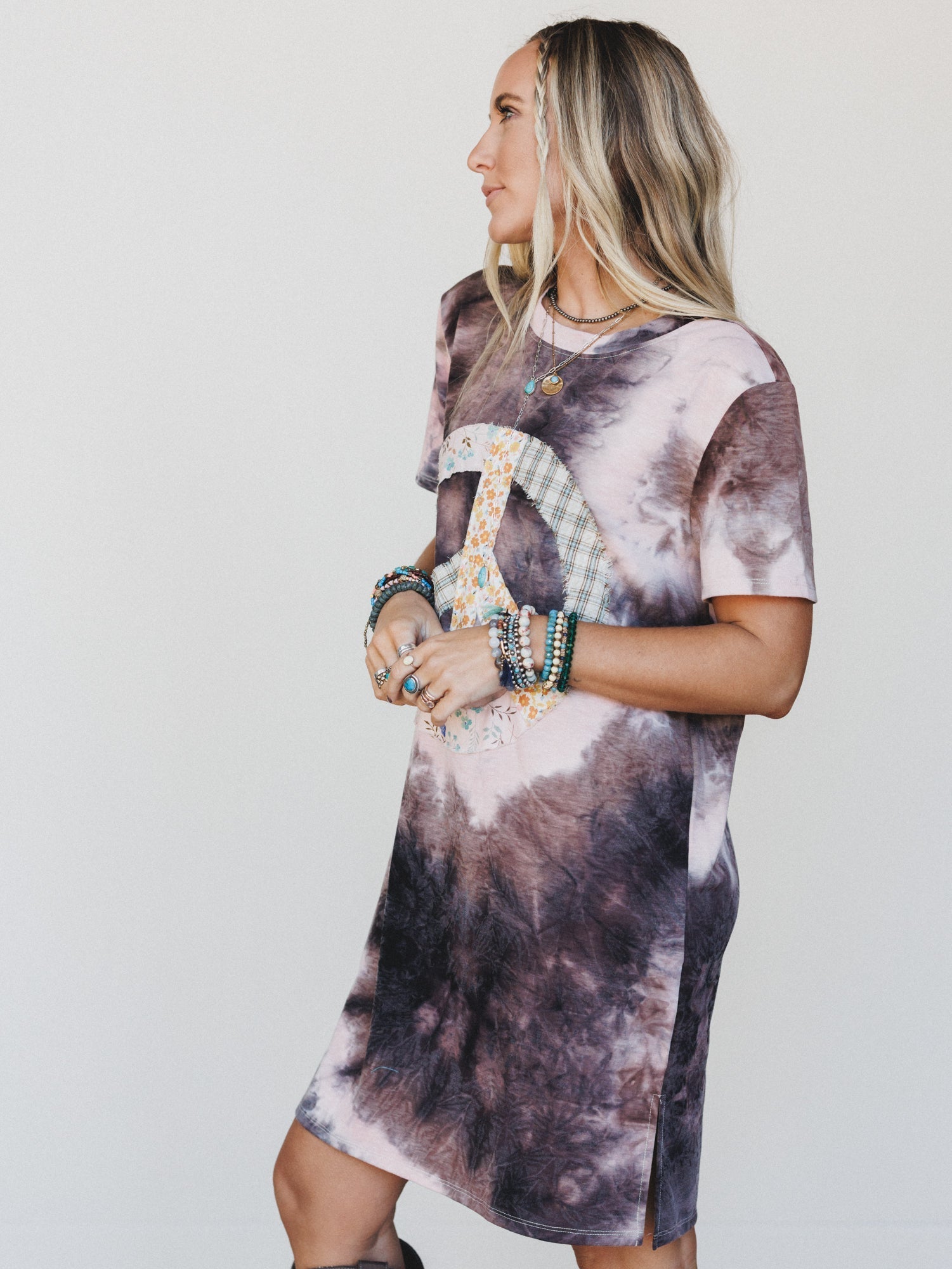 The Nest Peace And Tie Dye Tee Dress - Gray Multi Tie Dye
