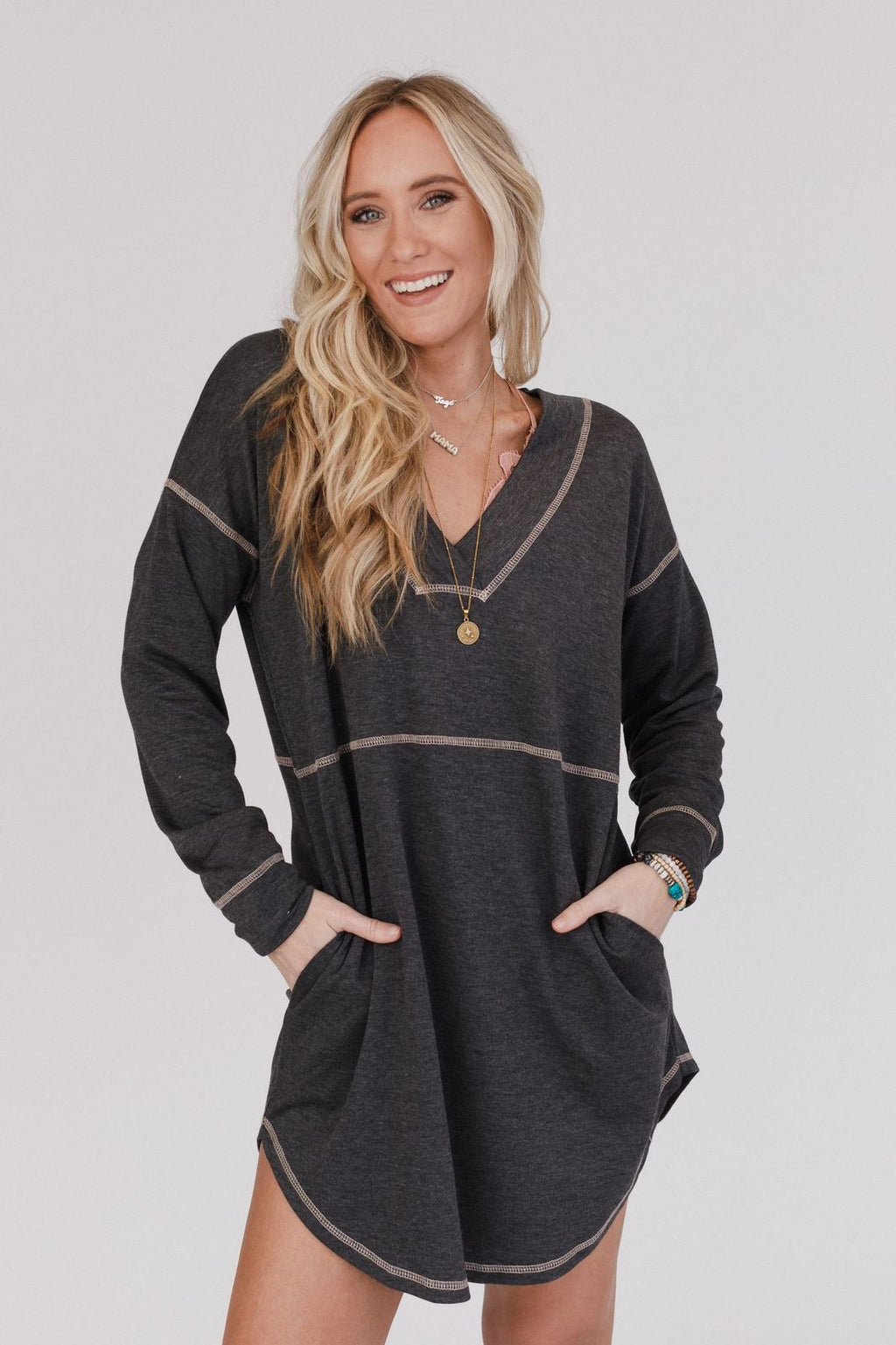 The Nest Meadow Long Sleeve Tunic Dress - Charcoal