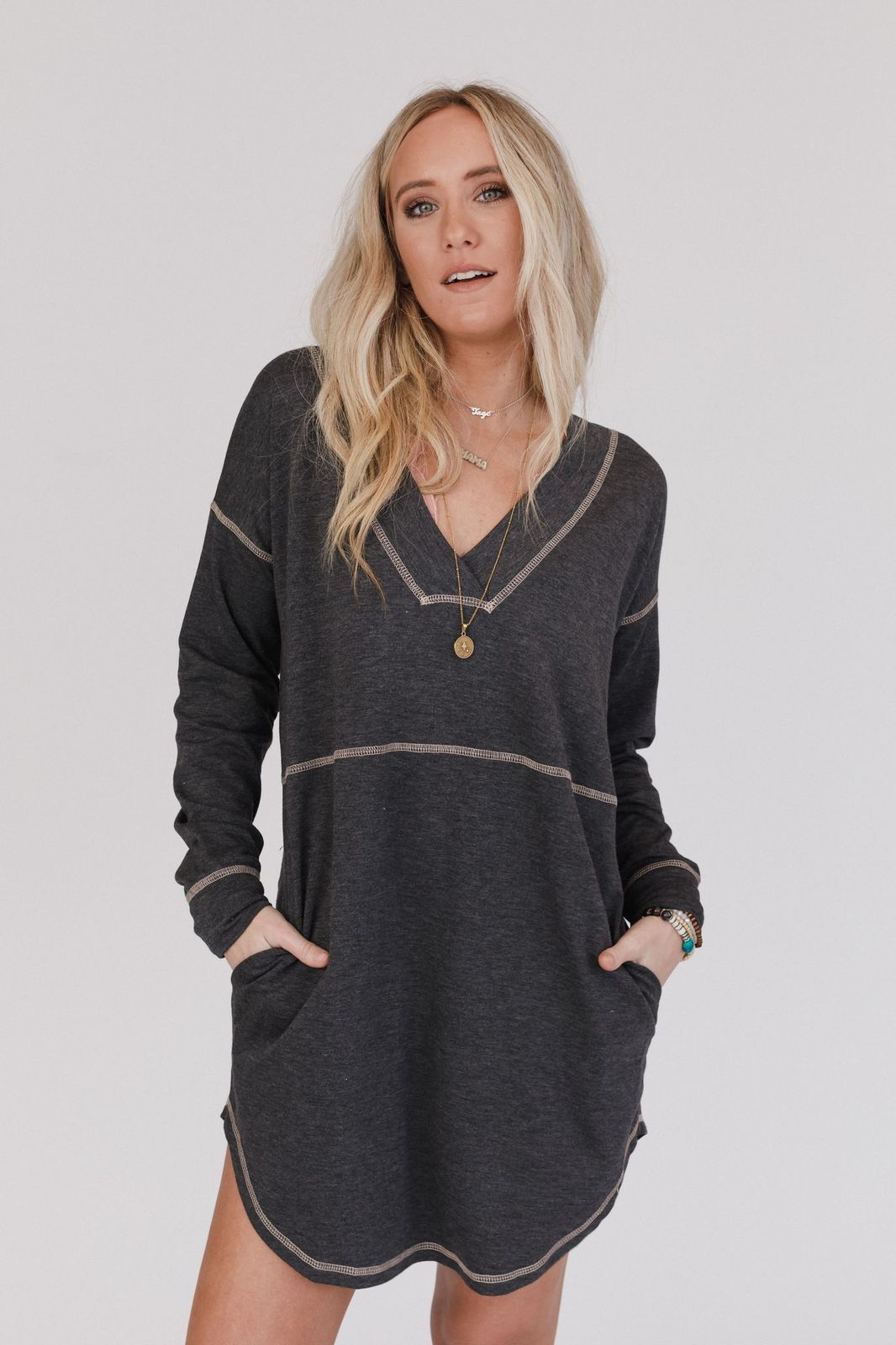 The Nest Meadow Long Sleeve Tunic Dress - Charcoal